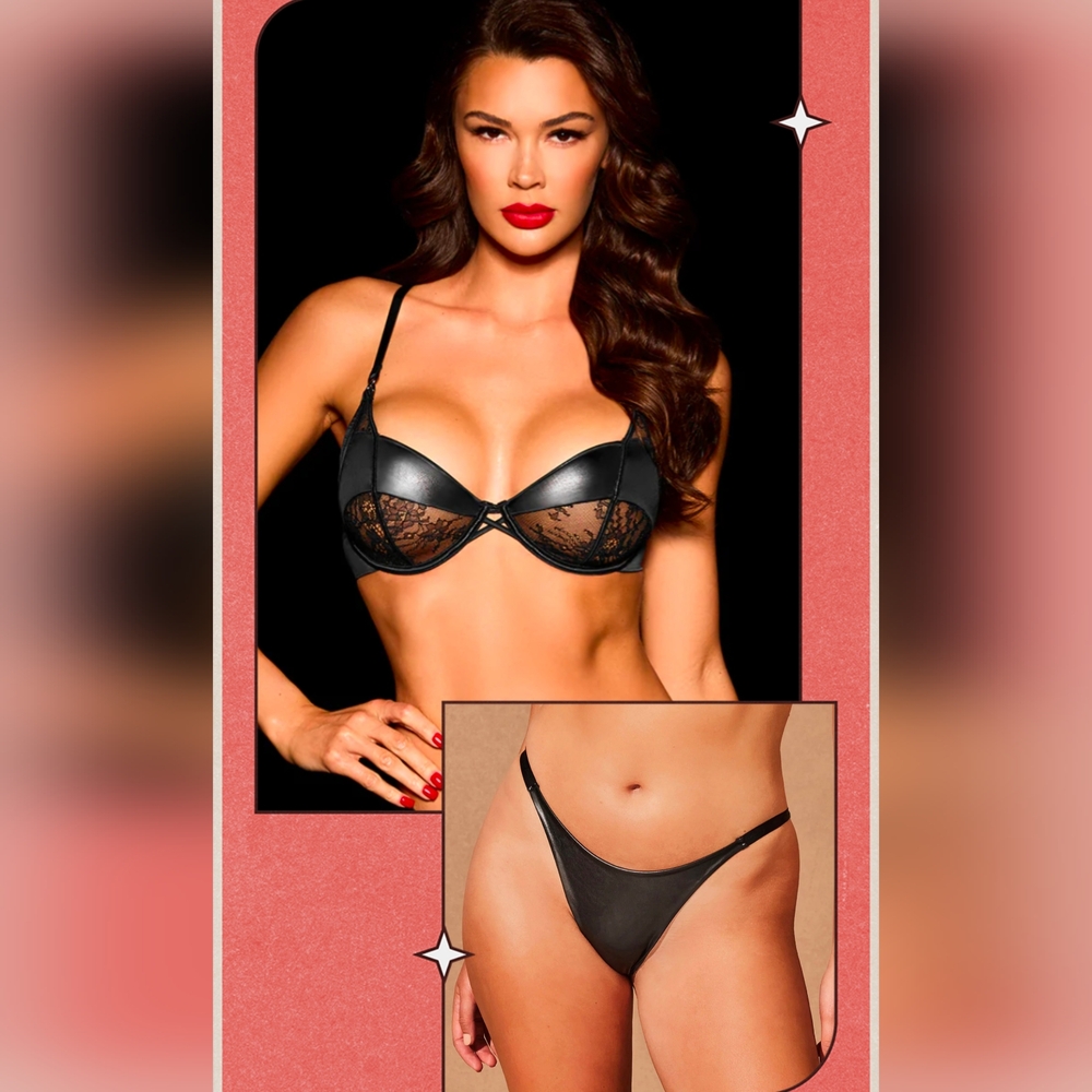 Honey Birdette Black Lace & Faux Leather Bra & Panty Set NWOT